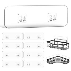 lot 31987 image: HAOBAOBEI 9-Pack Shower Caddy Adhesive Replacement, Transparent Adhesive Hooks Stickers, Strong Hook Strip for Shower Caddy Basket Shelf, Soap Holder, Bathroom Storage Corner Shelves, Kitchen Racks - Retail $10