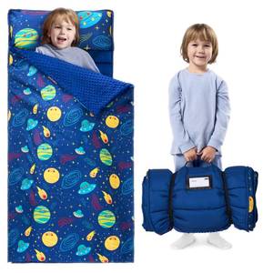 lot 43483 image: JOIEDOMI Toddler Sleeping Bag for Kids 55x30 Nap Mat with Removable Pillow and Minky Blanket for Toddler Ages 3-7 Roll Up Kids Sleeping Bag for Boys Girls Kindergarten Daycare Sleepover Universe - Retail $30