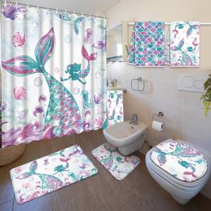 lot 43495 image: Nuanchu 6 Pcs Mermaid Shower Curtain Set with Rug Bathroom Sets with Shower Curtain Bath Mat U Shaped Mat Toilet Lid Cover 2 Bath Towels and 12 Hooks Mermaid Bathroom Decor - Retail $25