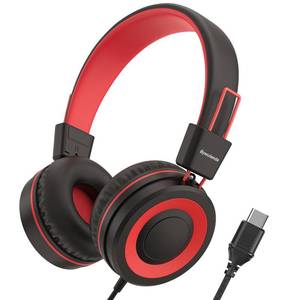 lot 43506 image: Bywulanda Upgrade USB Type C Kids Headphone for School, 94dB Safe Volume Limited, HD Stereo Sound, Foldable Lightweight On-Ear Headphones for BoysGirlsStudentsTabletTravel (Red Black) - Retail $20