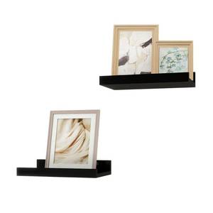 lot 43538 image: Solrot Small Black Floating Shelves for Wall Decor, Wall Mounted Wood Shelf for Bedroom, Living Room, Bathroom, Kitchen, Nursery, Display Ledge Shelf with Lip Set of 2-8 Inches, Black - Retail $14