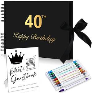 lot 43545 image: AmazingSpark Birthday Guest Book Set Memory Photo Guest Book Black Gold Decoration Birthday Gift for Men Women Wood Signature Photoprop Party Supply Sign Picture Album for Party Event(40th) - Retail $25