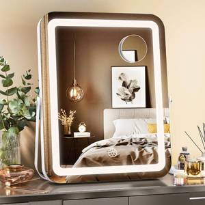 lot 51083 image: MINISO Vanity Mirror with Lights, 10.6 x 13.8 LED Makeup Mirror, Light & Brightness Adjustment, Smart Sensor, Aluminum Alloy Metal White Frame, with 5X Magnifying Glass - Retail $43