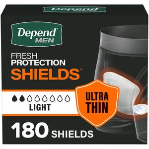 lot 51097 image: Depend Shields Incontinence Pads for Men, Light Absorbency, 180 Count, Packaging May Vary - Retail $36