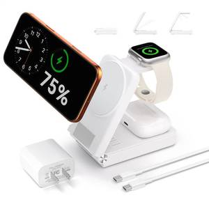 lot 51098 image: 3 in 1 Charging Station, 25W Foldable Magnetic Fast Wireless Charger Stand for Apple Multiple Devices, Travel Charger for iPhone 17 16 15 14 13 12 Series Watch AirPods 432Pro - Retail $26