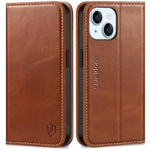 lot 58379 image: SHIELDON Case for iPhone 15 2023, Genuine Leather Wallet Book Case Magnetic RFID Blocking Credit Card Holder Kickstand Shock Absorbing Cover Compatible with iPhone 15 6.1 - Retro Brown - Retail $31