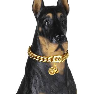 lot 58381 image: iDofas Gold Dog Collar 12mm Cuban Link Collar with Secure Snap Buckle 18K Metal Stainless Steel Dog Chain Collars for Dogs for Puppy Small Medium Large Dogs Includes Dog tag & Bell.(12) - Retail $20