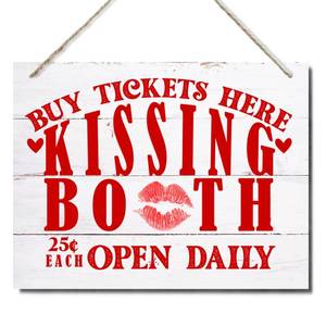 lot 58390 image: Valentines Decor Signs, Kissing Booth, Decorative Hanging Wood Plaque for Wall, Valentines Day Decorations, Wedding Valentines Party Decor, Love Quotes Wall Art for Home Bedroom Restaurant Shop - Retail $8