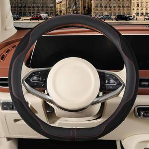lot 58395 image: Binsheo Nappa Leather Steering Wheel Cover, Advanced Microfiber Leather Non-Slip Breathable Fabric, Warm in Winter and Cool in Summer, Black, D Shape, 15 inch - Retail $16