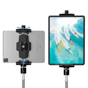 lot 58401 image: KDD iPad and Phone Tripod Mount Adapter with Ball Head, iPad Holder for Tripod, 360 Rotatable Tablet Clamp Mount fits iPad Pro 12.9, Air Mini 3 4, Galaxy Tab, Surface Pro, Selfie Stick(5.3-10.6) - Retail $13