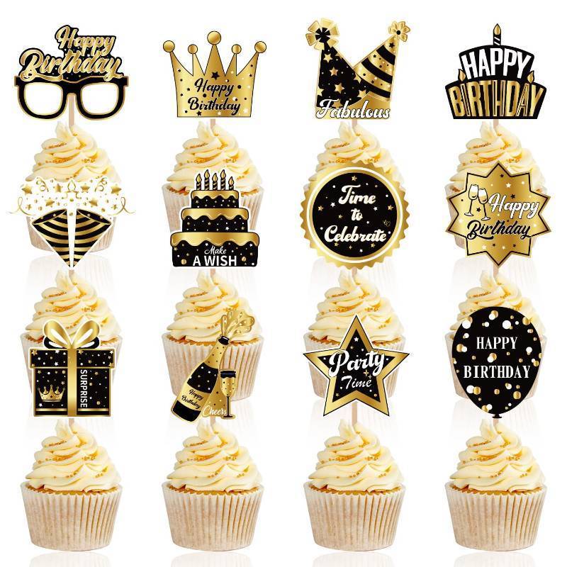 lot 33353 image: Black Gold Birthday Supplies,Black Birthday Party Cupcake Toppers for Gift Party Favors Kids Black Gold Birthday Party cake Decoration Supplies - Retail $8