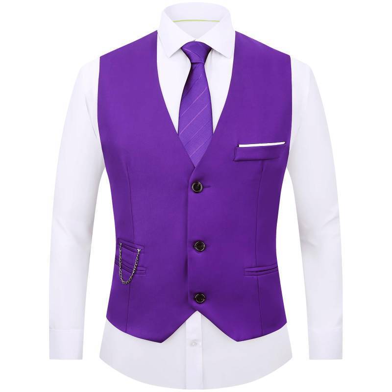 lot 33397 image: DOKKIA Mens Dress Vest Suit Waistcoat Formal Business Slim Fit V-neck Sleeveless Tuxedo Jacket with Chain Green Violet Purple X-Large  see photo  has discoloration  - Retail $20