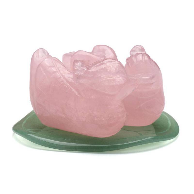 lot 33403 image: Jovivi Natural Rose Quartz Mandarin Ducks Feng Shui Crystal Love Birds on Lotus Leaf Figurine for Love and Romance - (Male and Female) - Valentines Day Gifts - Retail $22