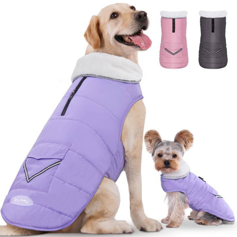 lot 45644 image: IBuddy Dog Winter Coat for X-Large Dogs, Easy on Dog Snow Fleece Coat Velcro Waterproof Pet Puffer Jacket with Harness Hole Adjustable Reflective Quilted Pet Cold Weather Vest for Girl Female - Retail $25