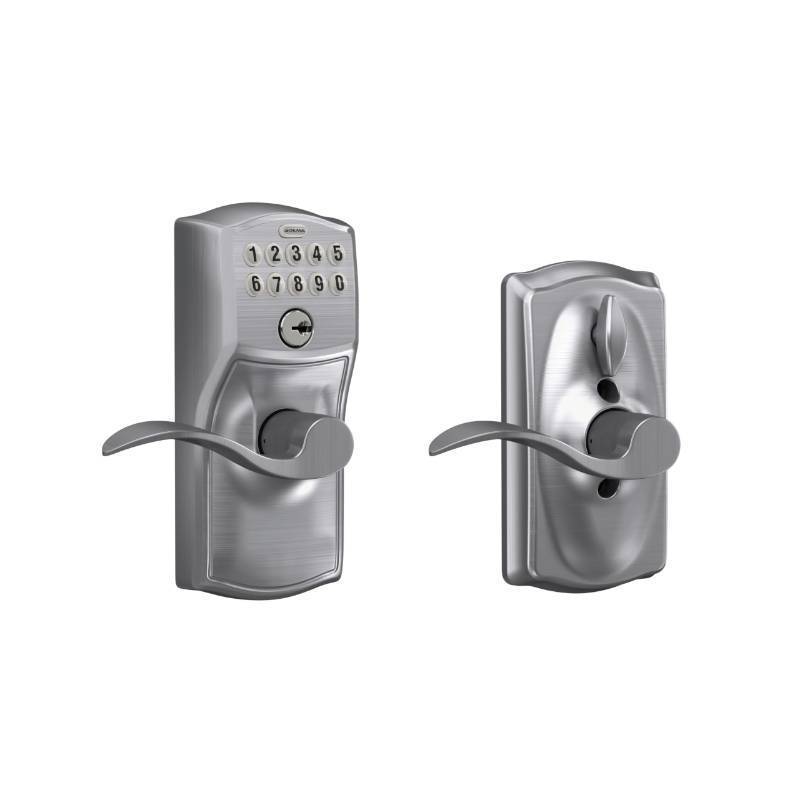 lot 45664 image: Schlage Camelot Keypad Lock with Lever Handle, Electronic Keyless Door Entry, Flex Lock Auto Lock Option, Satin Chrome, FE595 CAM 626 ACC - Retail $145