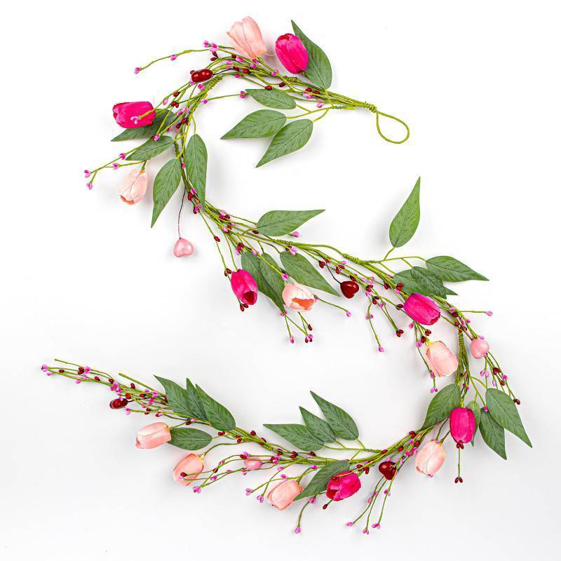 lot 45670 image: DIYFLORU 5 FT Valentine Garland Valentines Garlands Valentines Day Garlands Pink Floral Garland with Tuilps Heart Berry for Valentines Day Indoor Wedding Party Stairs Table Fireplace Mantel - Retail $17