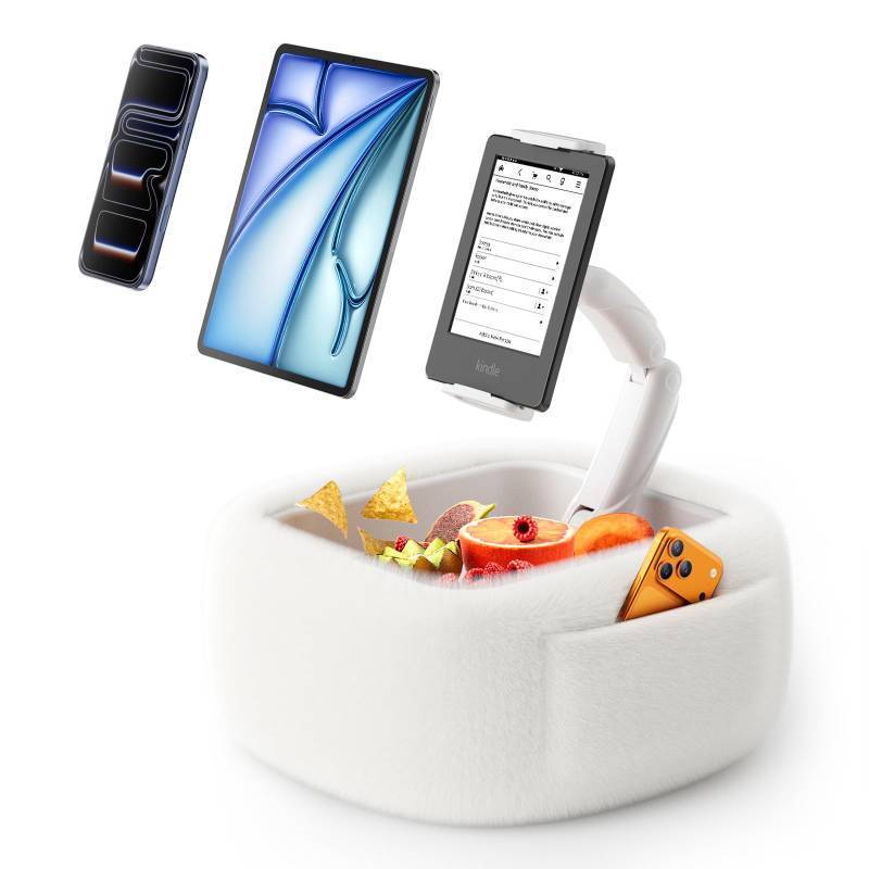 lot 45673 image: LULULOOK Ultra Fluffy Kindle Pillow Stand for Reading, Lap Tablet Pillow Stand with Snack Bowl & Foldable Arm Compatible with iPad, Phone and 4.7-14.6 Tablet for Book Reading in Bed - Retail $40