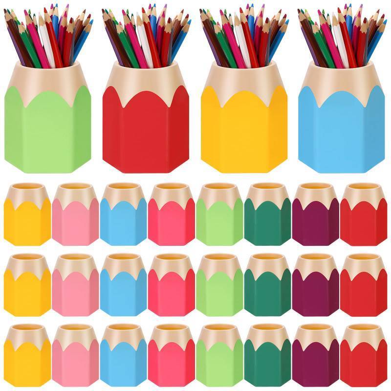lot 45682 image: HCEWSBFD 24 Pcs Pencil Shaped Pen Holders Plastic Pencil Holder Desktop Pen Cups Colorful Pencil Storage Organizer Cute Penci-l Pot Makeup Brush Container for Desk School Office Home Table Decoration - Retail $26