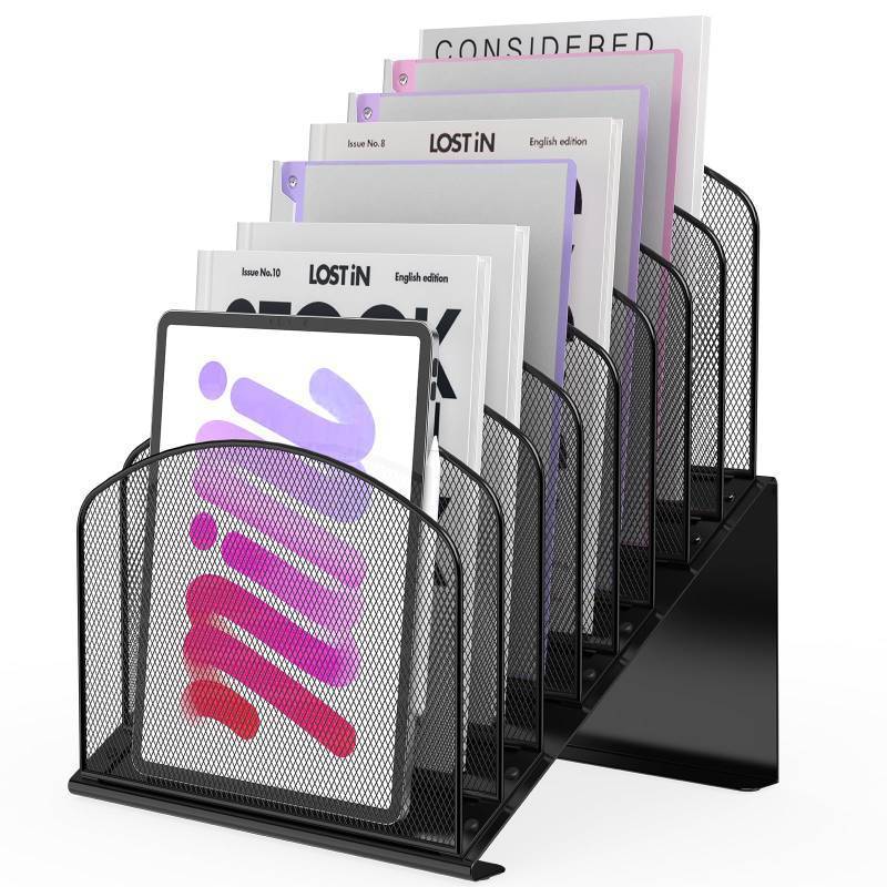 lot 58025 image: Inclined Desk File Organizer Metal Desk Magazine Folder Holder with 8-Section Vertical Compartments Rack File Organizer for Office, Home, School, Black - Retail $24