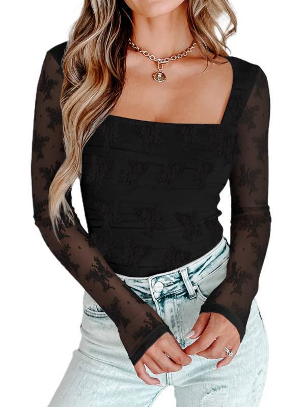 lot 58031 image: AGECODE Womens Square Neck Mesh Lace Long Sleeve Bodysuit Shirts Ruched Body Suit Leotard Tops Black Small - Retail $27