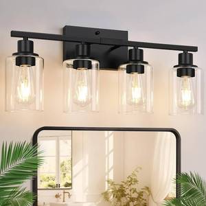 lot 22713 image: Indoi 4-Light Bathroom Light Fixtures, Matte Black Modern Vanity Lights with Clear Glass Shades, Bathroom Wall Lamp for Mirror Living Room Cabinet Bedroom Porch - Retail $40