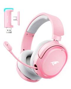 lot 22716 image: Wireless Gaming Headset, 7.1 Surround Sound, 2.4GHz USB Gaming Headphones with Bluetooth 5.4, 100H Battery, ENC Noise Canceling Mic, RGB Light, Wireless Headset for PC PS5 PS4 Mac Switch (Gray-Pink) - Retail $40