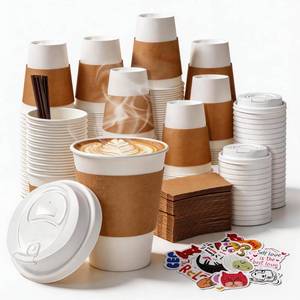 lot 22719 image: BIBBOO 12 oz Disposable Coffee Cups with Lids, Sleeves and Stirrers 100 Pack, Hot Cups with Lids, Leak-Proof To Go Cups for Hot Chocolate, Cocoa, Office, Coffee Bar Accessories - Retail $20