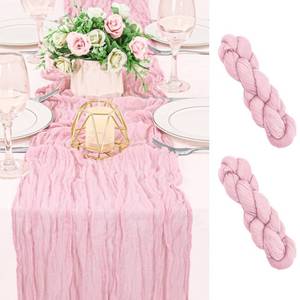 lot 29255 image: 2 Pack 120 Inch Pink Cheesecloth Table Runner Boho Rustic Gauze Sheer Romantic 10 FT Long Cheese Cloth Table Runner for Bridal Baby Shower Wedding Party Birthday Holiday Home Easter Decor - Retail $10
