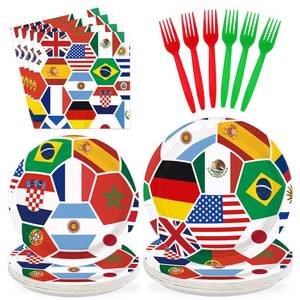 lot 43556 image: Greencian 96Pcs International World Flags Party Decoration Soccer World Flags Plates and Napkins Football Theme Disposable Tableware Set for Soccer Sports Events Festival Party Supplies Serves 24 - Retail $19