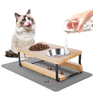 lot 43568 image: Qyapeixy Elevated Cat Bowls with Food Mat, 15° Tilted Anti Vomiting Raised Cat Feeder for Indoor Cats and Puppy, 2 Stainless Steel Bowls for Food and Water - Retail $20