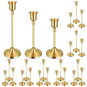 lot 43581 image: Brass Gold Taper Candle Holders Set, Vintage Metal Candlestick Holders for Table Centerpiece, Wedding Reception, Festive Christmas Mantel Decoration Gold - Retail $37