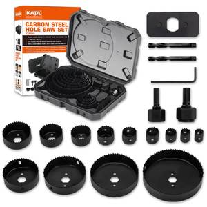lot 43588 image: KATA Hole Saw Kit, 18 Pieces Hole Saw Set with 34-5(19-127mm) Saw Blade, 2 Mandrels, 2 Drill Bits, 1 Installation Plate, 1 Hex Key with Case, Ideal for Soft Wood, Plywood, Drywall, PVC - Retail $19