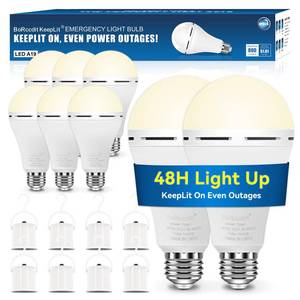 lot 43608 image: BoRccdit KeepLit 8PK Emergency Rechargeable Light Bulbs, 48H Battery Backup, 3 Brightness Levels, 12W 65W Equivalent A19 LED Bulb Auto-On During Power Outage for Hurricane, Emergency Use (Soft White) - Retail $33