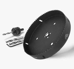 lot 43620 image: 8 Inch Hole Saw with 12 Hex Shank Quick Change Arbor, JTemgle Bi-Metal Hole Saw Heavy Duty Hole Cutting Tool for Cornhole Boards, Recessed Lights, Wood, Plastic, Drywall & Soft Metal - Retail $20