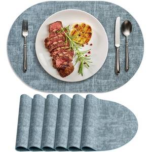 lot 58439 image: BARTHKIT Placemats for Dining Table Set of 6 Non-Slip, Heat Resistant Oval Leather Placemat Double Layer, Waterproof Table Mats Easy to Clean for Kitchen Dining Room, Light Blue - Retail $28