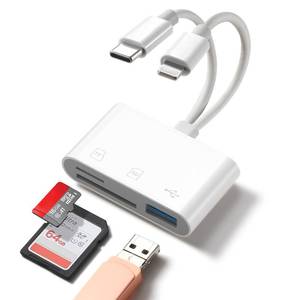 lot 58452 image: WEZAFO SD Card Reader for iPhone Android, Memory Card Reader Built-in Dual iOS & USB C Connector Card Reader with USB-ASDMicroSD 3 Slots, No Application Required Plug and Play - Retail $7