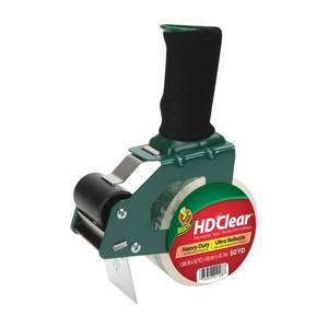 lot 58457 image: Duck HD Clear Packing Tape Dispenser Heavy Duty Packaging Tape Gun for Packing Boxes, Shipping and Moving - Includes 1 Refill Roll of 1.88in. x 50 Yards - Foam Handle (287398) - Retail $10