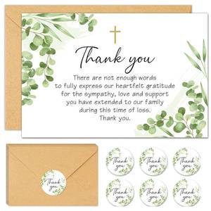 lot 58485 image: BYBOUS 50Pcs Funeral Sympathy Thank You Cards with Envelopes and Matching Seal Stickers, Green Leaf Cross Bereavement Card with Message for Memorial Service Loved Ones Celebration of Life - Retail $15