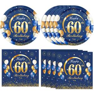 lot 58493 image: 40PCS 60 Birthday Decorations for Men Navy Blue and Gold 60th Birthday Party Disposable Dinnerware Set Plates, Paper Napkins Party Supplies for Men Cheers to 60 Years - Retail $9
