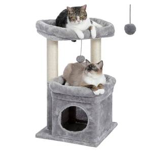 lot 62571 image: PEQULTI Cat Tree Tower for Indoor Cats with Private Cozy Cat Condo, Natural Sisal Scratching Posts and Plush Pom-pom for Small Cats - Retail $28