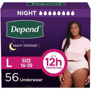 lot 62572 image: Depend Night Defense Adult Diapers, Incontinence & Postpartum Bladder Leak Underwear for Women, Disposable, Overnight, Large, Blush, 56 Count (4 Packs of 14), Packaging May Vary - Retail $55