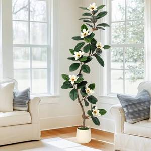 lot 30029 image: Rubber Tree 6 ft Artificial Tree in White Planter Pot, Faux Plants Indoor Faux Floor Plant Artificial Plants with 7 Pcs Magnolia Flowers for Home Decor, Artificial Fiddle Leaf Fig Tree for Office