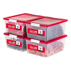 lot 31006 image: IRIS USA 12 Qt. Plastic Storage Bins Containers with Lids, 4 Pack, Sensory Bin, Craft Storage, Craft Organizers and Storage, Organizing Container for Home, Office School Supplies, Stackable, ClearRedOne Lid Is Chipped But Can StillClose