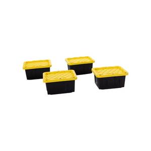 lot 31042 image: Plastic 5-Gallon Storage Tote with Lockable Lid, Stackable Tough Regular-Duty Bin for Garage, Tools, and Home Organization (4-Pack) - Black and Yellow