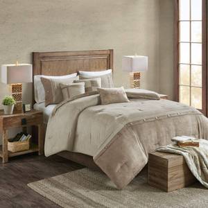 lot 32003 image: Madison Park Boone Cozy Comforter Set, Faux Suede, Deluxe Hotel Styling All Season Down Alternative Bedding Matching Shams, Decorative Pillow, Queen (90 in x 90 in), Rustic Tan 7 Piece