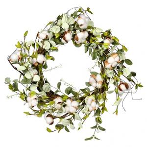 lot 32033 image: Vickerman 24 Everyday Artificial White Cotton Mixed Greenery Wreath - Premium Faux Floral Home Decor - Maintenance Free Wreath