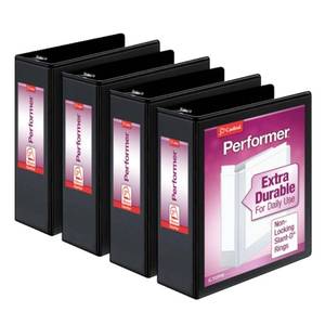 lot 33005 image: Cardinal Performer 3-Ring Binders, 3, Non-Locking Slant-D Rings, 725-Sheet Capacity, ClearVue Presentation, Non-Stick, PVC-Free, Black, 4-Pack (27601)