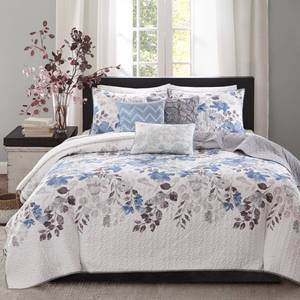 lot 33008 image: Madison Park Luna Quilt Modern Classic Design All Season, Breathable Coverlet Lightweight Bedding Set, Matching Shams, Decorative Pillow, FullQueen(90x90), Floral Blue 6 Piece
