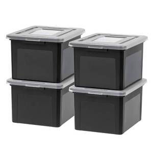 lot 33042 image: IRIS USA File Box, Plastic File Organizer with Lids for LetterLegal File, Portable Document Box For Moving, Storage Bin with Durable and Secure Lid, Stackable Nestable BPA-Free, Black 35 Qt. 4 Pack
