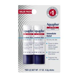 lot 20013 image: Aquaphor Lip Repair Stick, Moisturizing Lip Balm Pack, Relieves Dryness, 0.17 Oz Stick, Pack of 2 - Retail $8